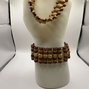 Vintage Tribal Brown Wooden Choker Necklace Stretch Wood Bead Bracelet (2) Lot